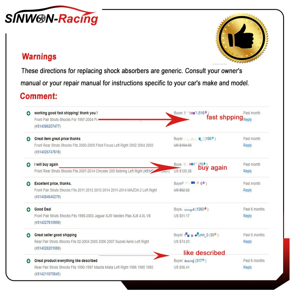 Front Pair Struts Shocks Fits 1995-1996 Lexus ES300 Toyota Avalon Camry - Imagem 4 de 4