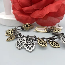 NWT Signed Lucky Brand "Lucky Me" Flower Bracelet Dark Gold And Silver Tone 7"