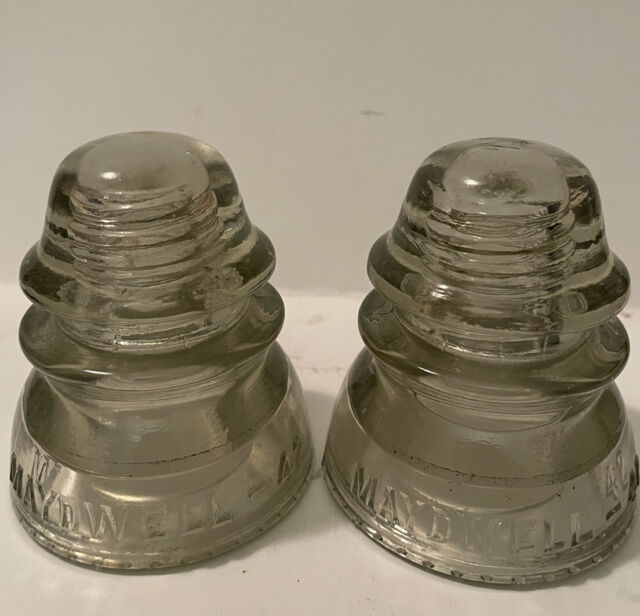 TWO VERY PRETTY CLEAR MAYDWELL 42 GLASS INSULATORS