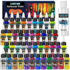 Airbrush Paint - 42 Colors with 4.05 Fl Oz Thinner, Iridescent, Neon and Meta...