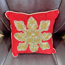 Beaded Gold Jeweled Winter Snowflake Red Decorative Throw Pillow 12x12 Christmas