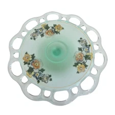 Lancaster Glass Footed Plate Green Satin Glass Open Lace Reverse Painted Floral 