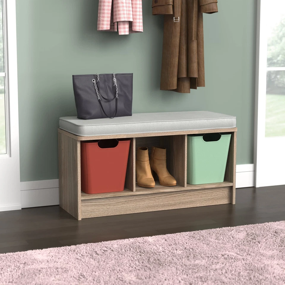 Natural Gray Storage Bench With Cushion And 3 Cubbies For Closetmaid Drawers - Image 4 of 4