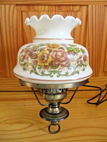 Vintage Hand Painted Hurricane Wall Sconce Lamp Brass Milk Glass Flowers Corded