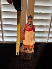 Vintage 6" Folk Art hand carved hand painted peasant woman with basket & scarf