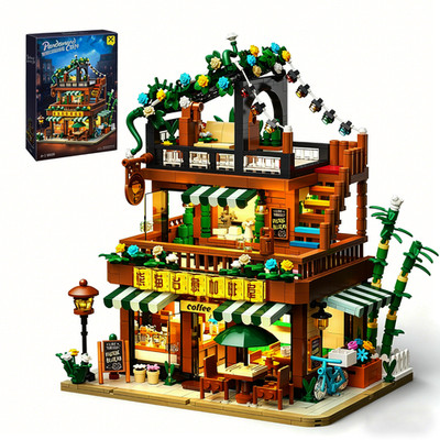 Coffee Café Modular with LED Light Kit Building Block Set Street View Decor Gift