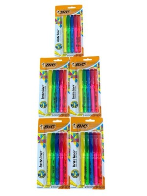 Bic Highlighters Lot Of 5 Packs Brite Liner Chisel Tip 5 Colors Per Pck 25 Total