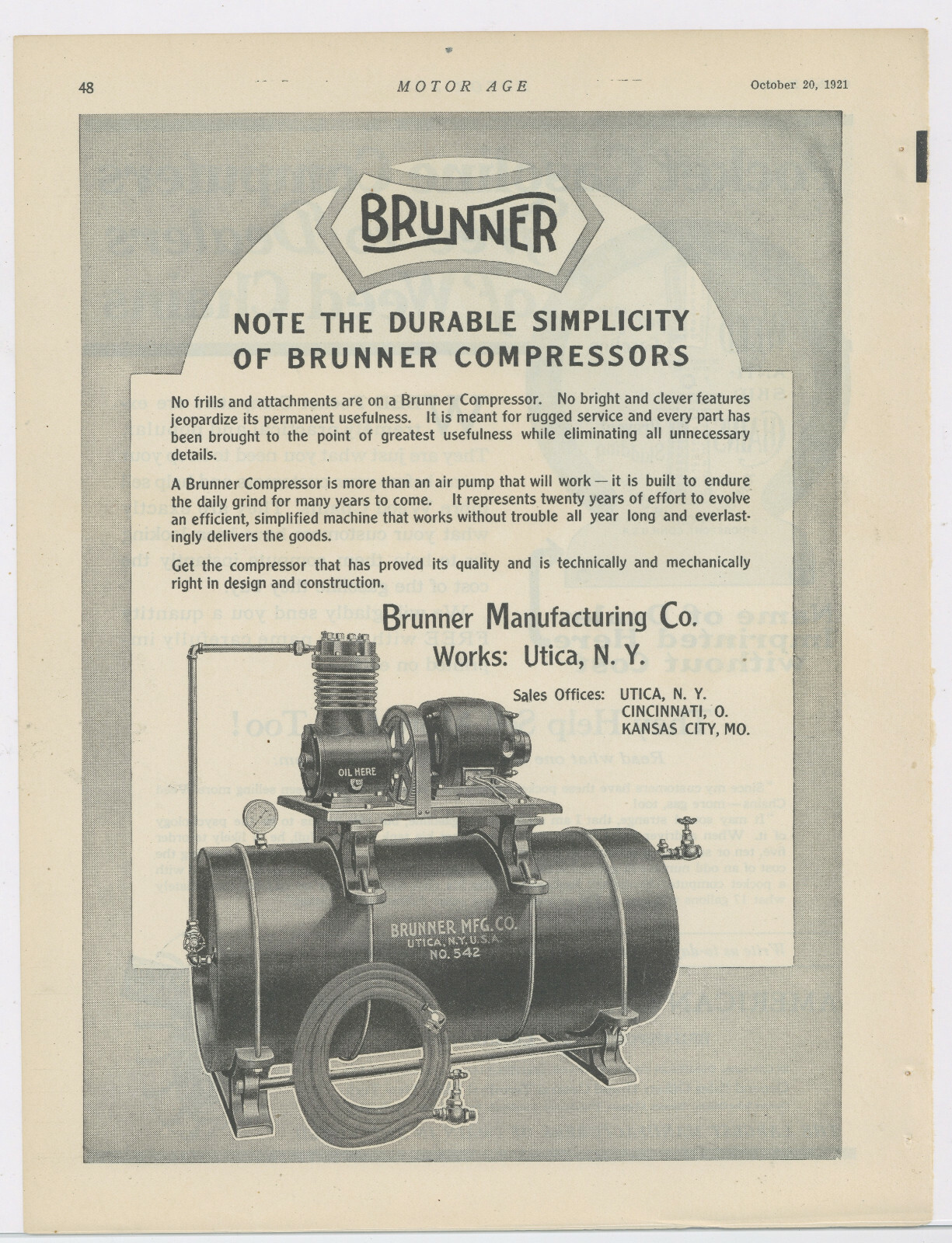 1921 Brunner Manufacturing Works Advertisement Compressors Utica