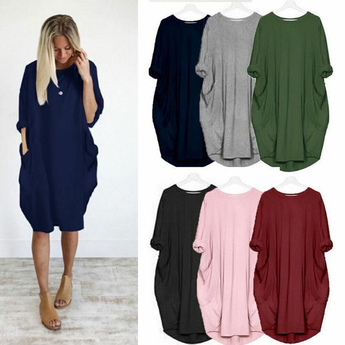 New Womens Casual Oversized Long Sleeve Dress Ladies Pockets Baggy T-Shirt Tops - Picture 5 of 33