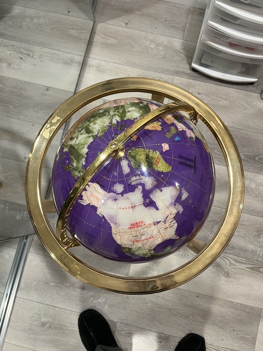 Unique Art Standing purple Gemstone World Globe Gold Tripod 36' X