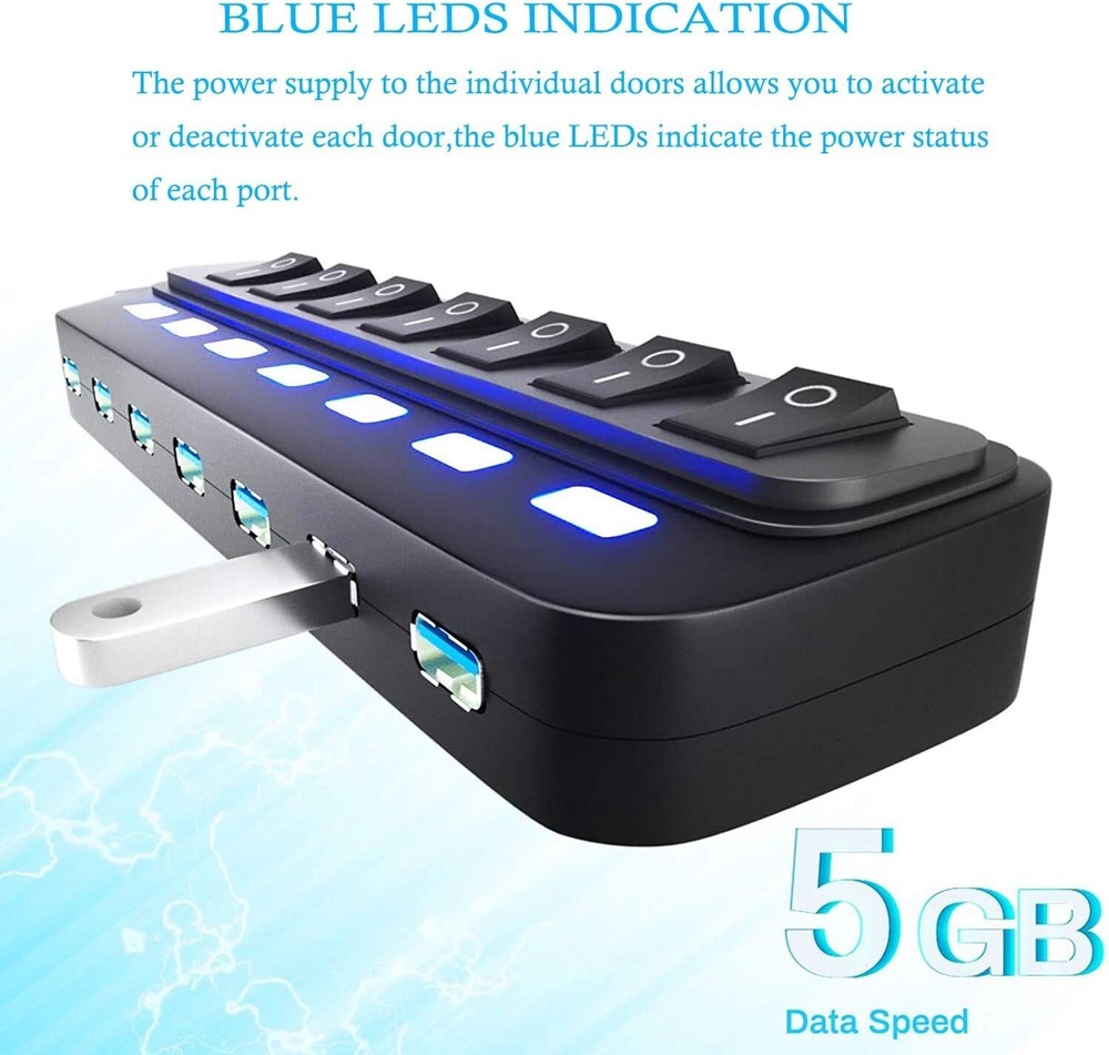 7-Port USB 3.0 Hub with Individual LED On/Off Switches