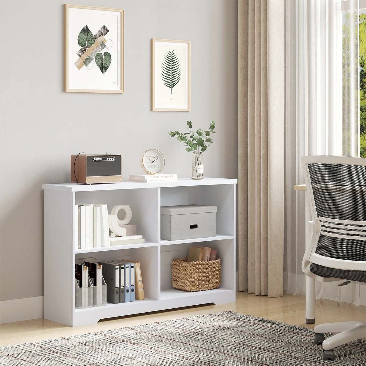 Simple Modern 4 Compartment Low Bookcase 2 Tier w Shelves Cube