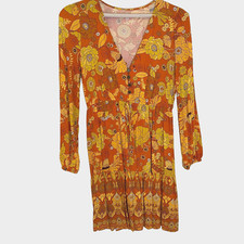 Floral Dress Boho Medium orange stretch waist puff sleeve  ruffle mod above knee