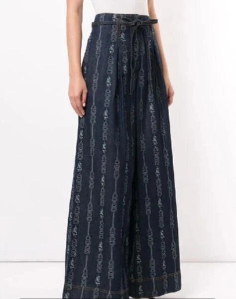 Tory Burch Gemini Jacquard Blue Denim Wide Leg Trousers 6 NWT (Orig. $355)