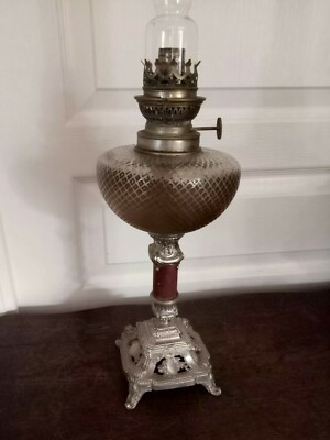 ANCIENNE GRANDE Lampe à Pétrole VINTAGE Réservoir Verre Ambré Mèche