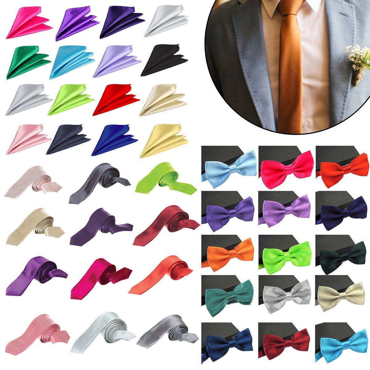 Hombre Corbata/Pajarita/Pañuelo Bolsillo Cuadrado Set Boda Aniversario Regalo
