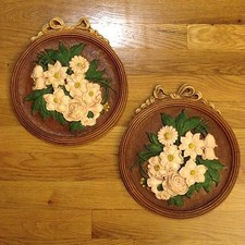 Pair of Vintage Chalkware/Plaster of Paris Plaques Floral Design Made in USA