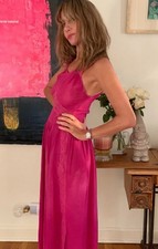 Vintage 1970s Sheer Chiffon Boudoir Gown Hand Dyed Fuchsia Lace Empire Waist XS