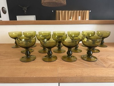 Set Of 16 Vintage 1960s Olive Green Champagne Coupe Glasses MCM Sherbet Barware