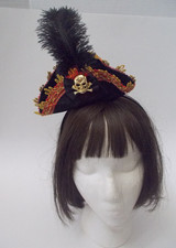 Black Velvet Tri-Corner PIRATE Hat w/ Gold Skull  Feather Fascinator Headband