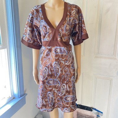 SHESCOOL XL Midi House Slip Dress Blue Brown Satin Smocked Waist Kimono Sleeve