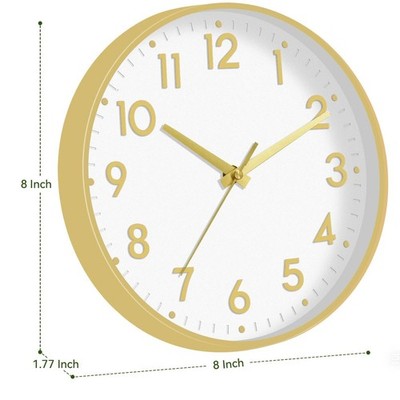 8 White Gold Wall Clock, Battery Operated, Silent, Non-Ticking, Modern Analog
