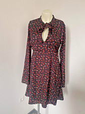 mango ladies dress black print size XS v neck tie long sleeve great cond. db25