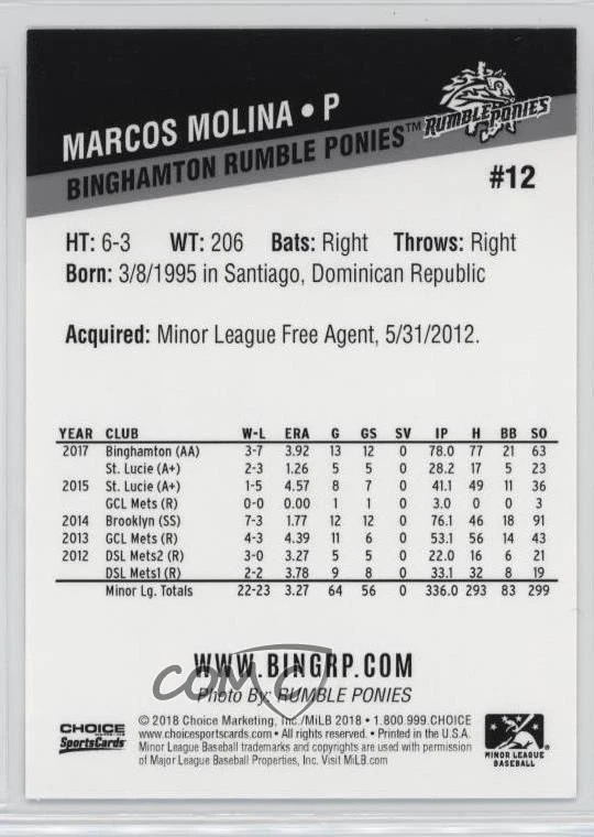 2018 Choice Binghamton Rumble Ponies Marcos Molina #12 - Image 2 of 2