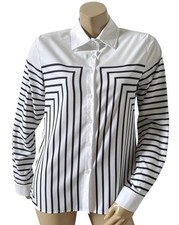 Womens Size Medium White Black Striped Long Sleeve Button Front Collared Shirt