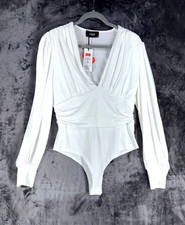 Cider White Bodysuit XL NWT Ruched Long Sleeve PLunge Stretch Blouse Snap Crotch