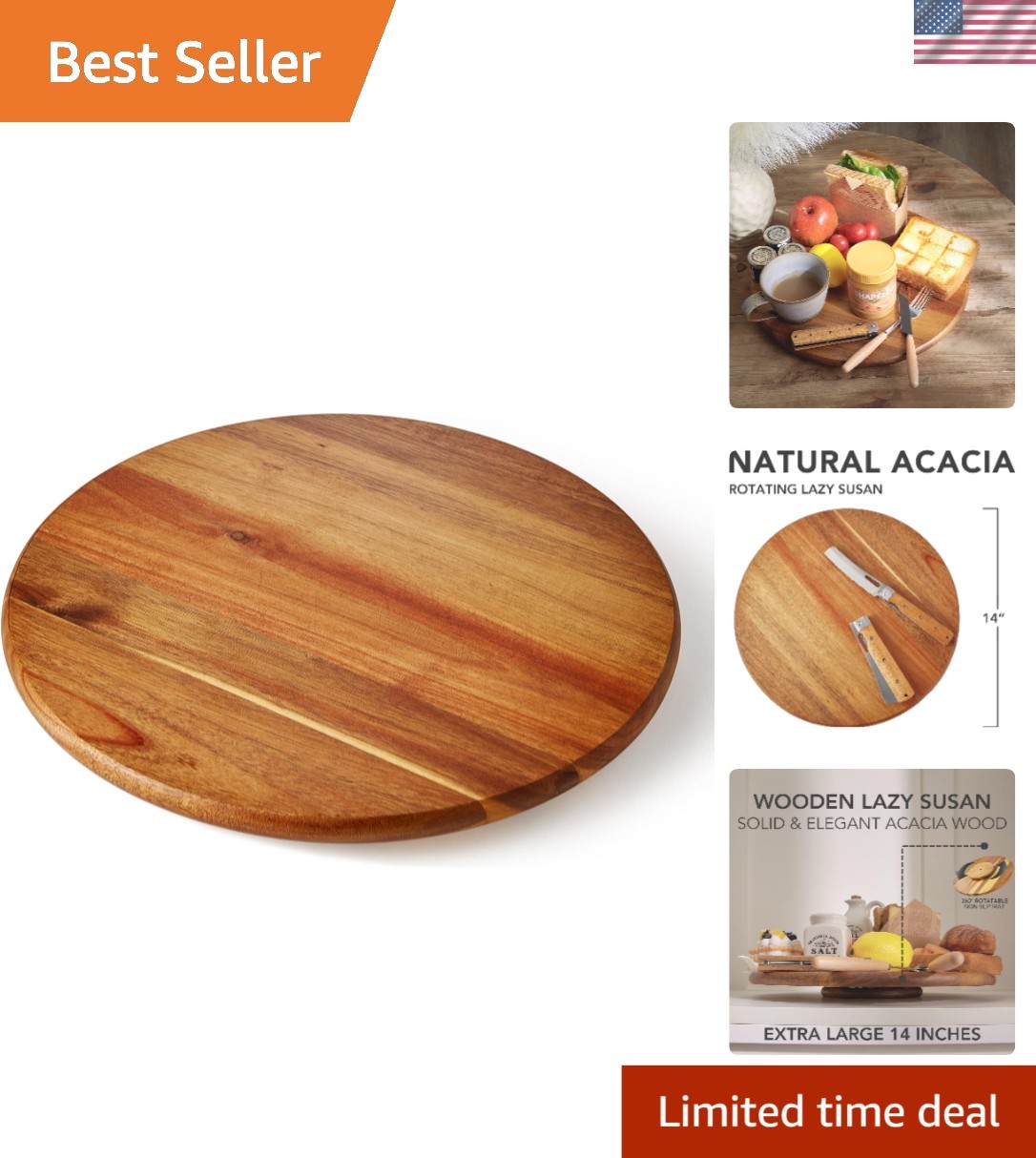 Lazy Susan Turntable 14 Inch Acacia Wood Kitchen Organizer Spices Display