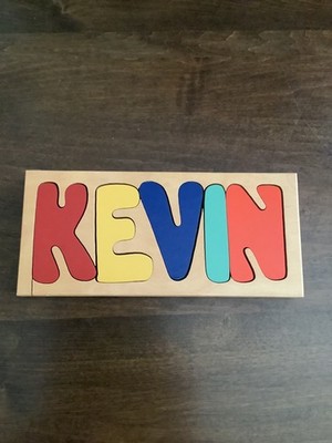 Custom Personalized Wooden Name Puzzle ''KEVIN'' Color Block Display, 9x4 
