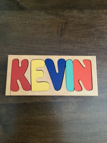 Custom Personalized Wooden Name Puzzle "KEVIN" Color Block Display, 9x4”