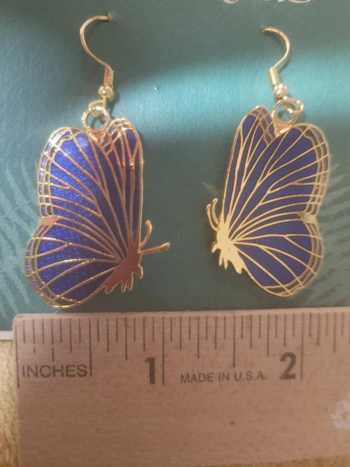 Swallowtails Blue Butterfly Dangle Hook Earrings Gold Tone Metal 2 in - Image 2 of 2