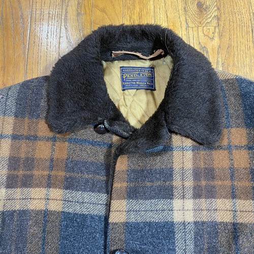 Vintage Pendleton Jacket Brown Plaid Wool USA 50s Car Coat Large Faux Fur Collar - Picture 7 of 23