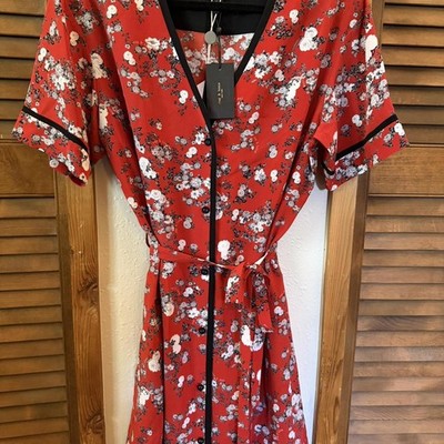 Rag & Bone Red floral midi dress w/black trim and tie waist