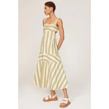 Alexis Sz M Mercier White Gold Striped Square Neck A-Line Cut Out Midi Dress