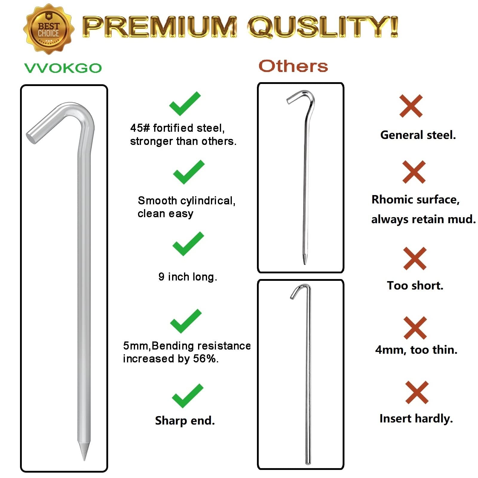 9 Inches 8 Pack Heavy Duty Tent Stakes, Metal Ground Stakes for Camping, Gard...