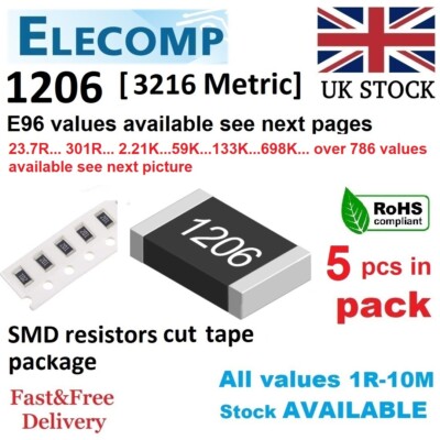 1206 Präzisionswiderstände 1% E96 alle Werte 1R-392R 5 Stück/Packung UK Lager