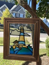 Stained Glass Light House Window Hanging 12.5"x10.5" Framed Beautiful