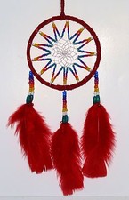 Łapacz snów D= 11,0cm czerwone koraliki łapacz snów, indyjskie pióra western, dekoracja