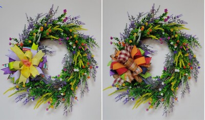 Flower WREATH Two Bows 2-in-1 FALL Spring everyday GRAPEVINE Front Door Wall 
