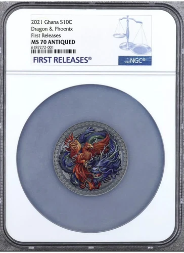 NGC MS70 Phoenix and dragon 50g high relief silver coin antiqued Ghana 2021 龙凤呈祥