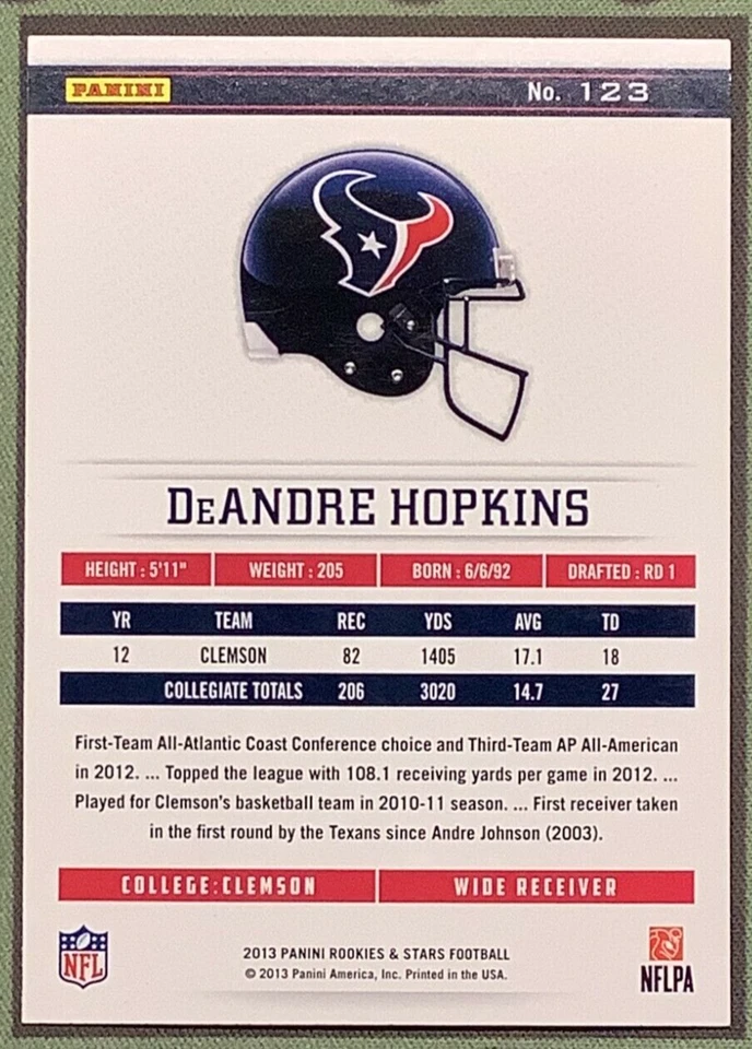 2013 Panini Rookies & Stars Longevity Foil #123 DeAndre Hopkins Rookie - Image 2 of 3