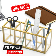 Acrylic Pen Holder 4 Compartments Gold Copper Border Pencil Organizer Cup For Co