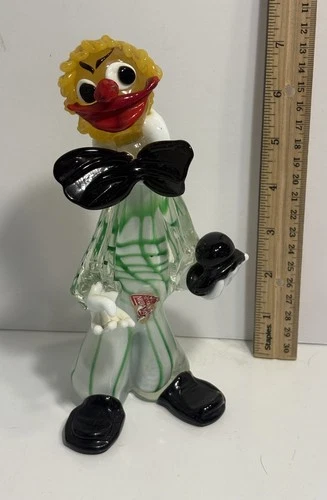 Vintage Murano Italy Foil Label Art Glass 8" T Clown W/ Hat Figurine Statue