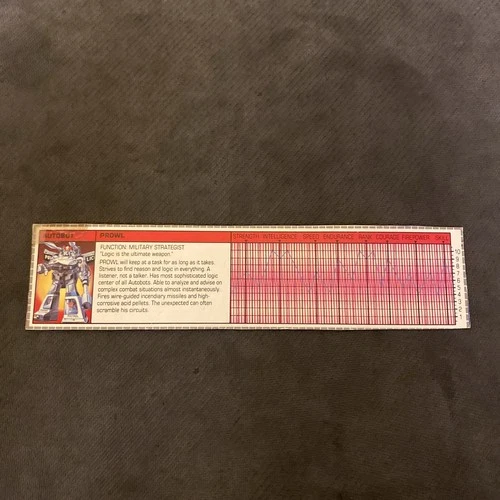 Transformers G1 Prowl Tech Spec Card - 1984 Hasbro Vintage