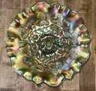 Antique MILLERSBURG Green Carnival Glass "Blackberry Wreath" 3/1 Edge Bowl