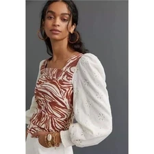 NWT Anthropologie Love the Label Smocked Puff Balloon Sleeve Blouse XS bohemian