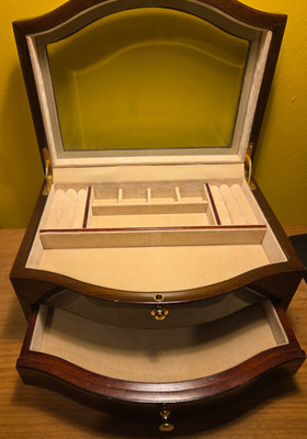 Vintage Glass Topped  Jewellery Box 2 level With Drawer In Great Condition